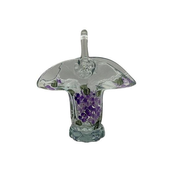Clear Fenton Hand Painted Purple Flowered 6.5" Sweet Basket Home Decor Decor3" - Picture 1 of 16